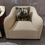 Cream Leather Sofa Set with Shell-Pattern Quilted Craftsmanship, Natural Burl Wood Veneer & Gold Stainless Steel Accents